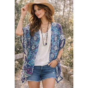 Chico’s Blue Purple Medallion Paisley Linen Ruana Kimono Cardigan S/M Boho Flowy
